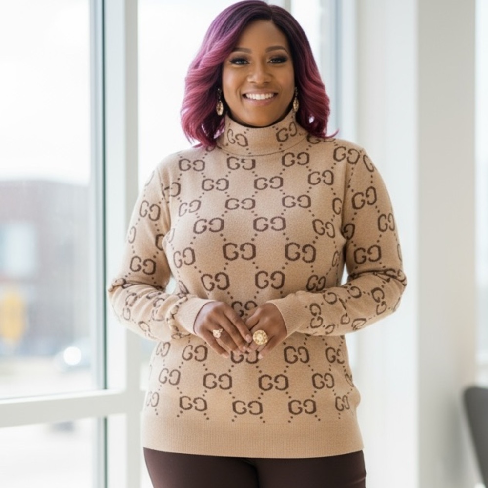 SWEATER: Beige & Brown Stretchy Turtleneck w/Long Sleeves, NWT - Picture 10 of 14